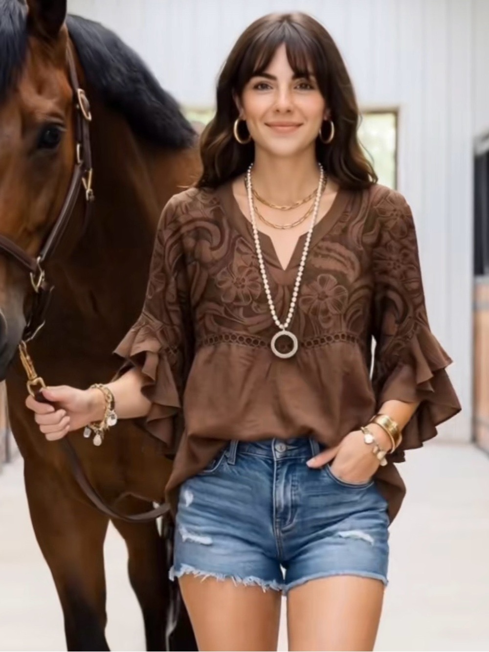 Boho Brown Embroidered V-Neck Ruffle Sleeve Blouse L